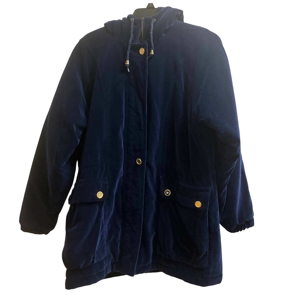 Vintage Current Seen Women's S Navy Blue Velvet Hooded Parka Coat Gold Buttons
